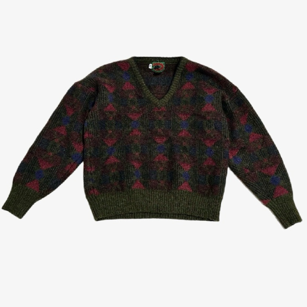 Vintage Boston Traders V-Neck 100% Wool Grandpa Sweater in Green and Red